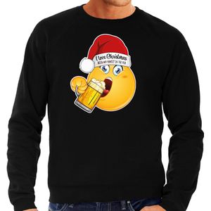 Bellatio Decorations Foute Kersttrui/sweater voor heren - bier - zwart - grappig - emoji