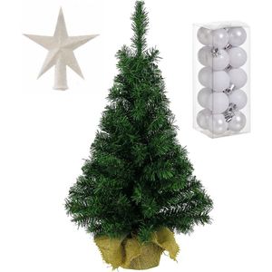 Volle kunst kerstboom 35 cm in jute zak met witte versiering 21-delig - Kerstdecoratie set