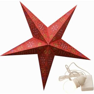 Decoratie kerstster - rood - 40 cm - papier -incl. verlichting - verlichte kerstster