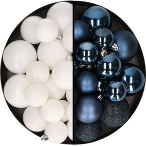 Kerstballen 60x stuks - mix wit/donkerblauw - 4-5-6 cm - kunststof - kerstversiering