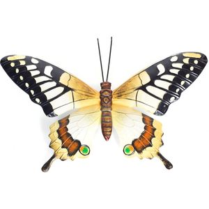 Tuindecoratie vlinder van metaal geel/zwart 37 cm - Metalen schutting decoratie vlinders - Dierenbeelden tuindecoratie