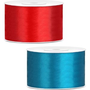 Sierlinten/cadeaulinten/satijnen linten - Set 2x stuks - rood en turquoise - 38 mm x 25 meter