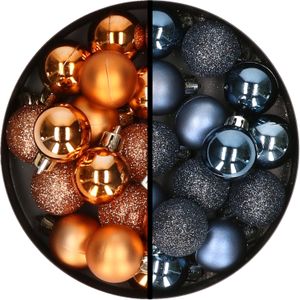 Kerstballen 34x st - 3 cm - koper en donkerblauw - kunststof