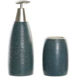 Badkamerset zeeppompje en beker/tandenborstelhouder blauw/grijs polystone 11 cm - badkamer accessoires