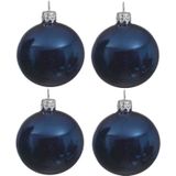 4x Donkerblauwe glazen kerstballen 10 cm - Glans/glanzende - Kerstboomversiering donkerblauw