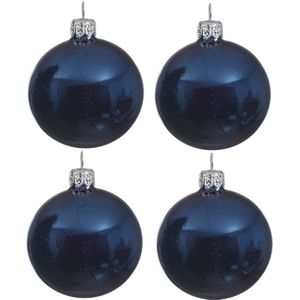 4x Donkerblauwe glazen kerstballen 10 cm - Glans/glanzende - Kerstboomversiering donkerblauw