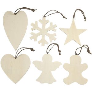 6x Kersthangers houten ornamenten 9-11 cm kerstboomversiering - Houten kerstboomsiering