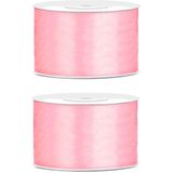 2x Hobby/decoratie licht roze satijnen sierlinten 3,8 cm/38 mm x 25 meter - Cadeaulint satijnlint/ribbon - Licht roze linten - Hobbymateriaal benodigdheden - Verpakkingsmaterialen