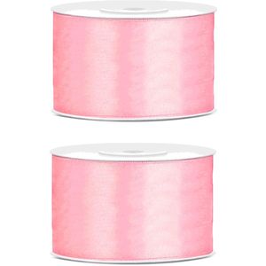2x Hobby/decoratie licht roze satijnen sierlinten 3,8 cm/38 mm x 25 meter - Cadeaulint satijnlint/ribbon - Licht roze linten - Hobbymateriaal benodigdheden - Verpakkingsmaterialen