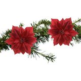 Kerstboom bloemen op clip - 2x stuks - rood glitter - kunststof - 24 cm