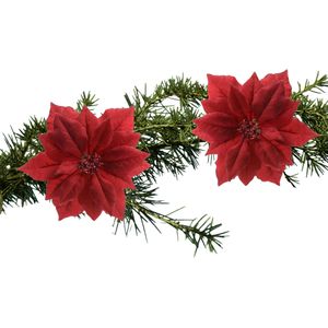 Kerstboom bloemen op clip - 2x stuks - rood glitter - kunststof - 24 cm