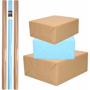 6x Rollen kraft inpakpapier/kaftpapier pakket bruin/lichtblauw 200 x 70 cm/cadeaupapier/verzendpapier/kaftpapier