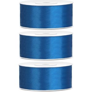 3x Hobby/decoratie kobalt blauwe satijnen sierlinten 2,5 cm/25 mm x 25 meter - Cadeaulinten satijnlinten/ribbons - Kobalt blauwe linten - Hobbymateriaal benodigdheden - Verpakkingsmaterialen