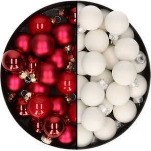 Mini kerstballen - 48x st - rood en satijn wit - 2,5 cm - glas - kerstversiering