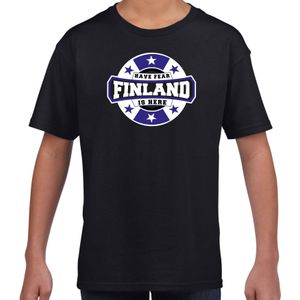 Have fear Finland is here t-shirt met sterren embleem in de kleuren van de Finse vlag - zwart - kids - Finland supporter / Fins elftal fan shirt / EK / WK / kleding