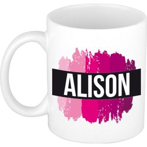 Alison  naam cadeau mok / beker met roze verfstrepen - Cadeau collega/ moederdag/ verjaardag of als persoonlijke mok werknemers