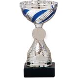 Trofee/prijs beker - zilver - blauwe lijnen - kunststof - 19 x 10 cm - sportprijs