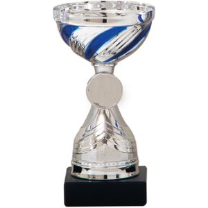 Trofee/prijs beker - zilver - blauwe lijnen - kunststof - 19 x 10 cm - sportprijs