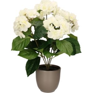 Hortensia kunstplant/kunstbloemen 40 cm - wit - in pot taupe mat - Kunst kamerplant