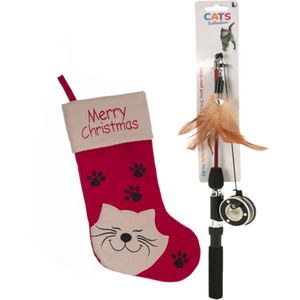 Kerstsok rood - met speelgoed hengel - voor katten/poezen - kerstcadeau