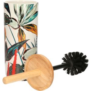 WC-/toiletborstel met houder rond wit met gekleurd tropisch blad patroon zandsteen/bamboe 38 cm
