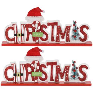 4x stuks houten kerstversiering decoratie bordjes Merry Christmas 35 cm - Vensterbank versiering - kerstversiering