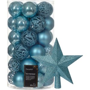 Kerstversiering set - 37x st kerstballen en ster piek - ijsblauw - kunststof