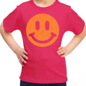 Bellatio Decorations Verkleed T-shirt voor meisjes - smiley - roze - carnaval - feestkleding kind