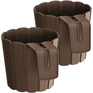 Set van 4x stuks kunststof balkon plantenpotten/bloempotten met haak bruin 14 cm - Tuin/balkon decoraties