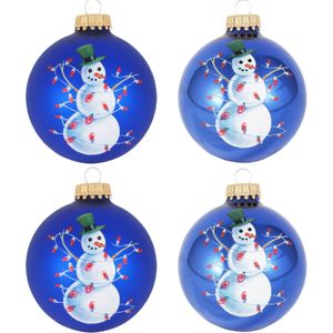 Krebs Kerstballen - 4st - glazen - blauw - met sneeuwpop - 7 cm