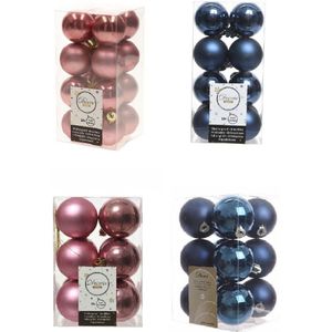 Kerstversiering kunststof kerstballen kleuren mix donkerblauw/oud roze 4 en 6 cm pakket van 80x stuks