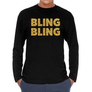 Bling bling goud glitter long sleeve t- shirt zwart heren - zwart bling bling goud glitter shirt met lange mouwen