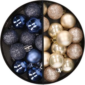 Kerstballen 34x st - 3 cm - donkerblauw en champagne - kunststof