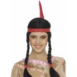 Fiestas Guirca Verkleedpruik Indiaan met vlechtjes en veer - voor dames - zwart lang haar