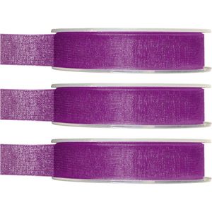 3x Hobby/decoratie paarse organza sierlinten 1,5 cm/15 mm x 20 meter - Cadeaulint organzalint/ribbon - Striklint linten paars