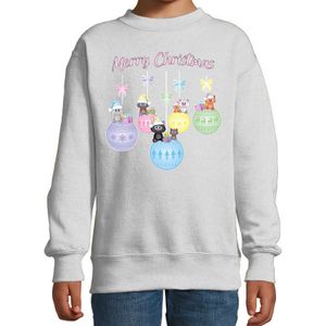 Bellatio Decorations Kersttrui/sweater voor jongens/meisjes - pastel/grijs - kerstballen - poesjes