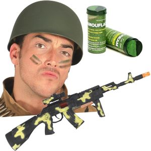 Carnaval verkleed set Leger soldaten helm - camouflage schmink stift - machinegeweer 59 cm - accessoires set militairen