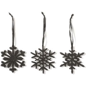 12x Kersthangers figuurtjes zwarte sneeuwvlok/ster 7,5 cm glitter - Sneeuw thema kerstboomhangers - Kerstboomversieringen zwart