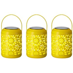 3x stuks solar lantaarn ijzer geel met hengsel 17 cm - Tuinlantaarns - Solarverlichting - Tuinverlichting