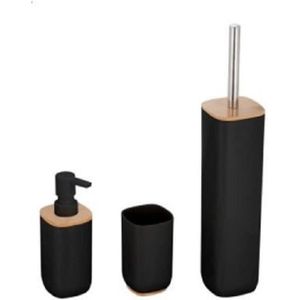 Items Badkamerset 3-delig - zwart - bamboe en rvs - toiletborstel - zeeppomp - beker
