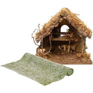 Lege kerststal - L30 x B18 x H26 cm - incl. gras ondergrond/achtergrond - besneeuwd