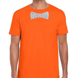 Oranje fun t-shirt met vlinderdas in glitter zilver heren - Koningsdag shirt met strikje