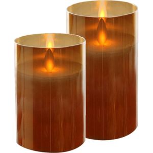 2x stuks luxe led kaarsen/stompkaarsen in gouden glas H10 cm en H12,5 cm flakkerend - Kerstversiering