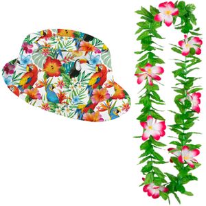 Carnaval verkleed set - Tropische Hawaii party - Multi colour print hoedje - bloemenslinger groen/roze - volwassenen