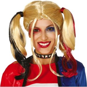 Halloween verkleedpruik lang haar met staartjes - zwart/blond/rood - dames