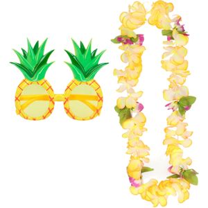 Tropische Hawaii party verkleed accessoires set - Ananas zonnebril - en bloemenkrans geel - voor volwassenen