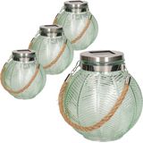 4x stuks groene solar lantaarn van gestreept glas rond 16 cm - Tuinlantaarns - Solarverlichting - Tuinverlichting