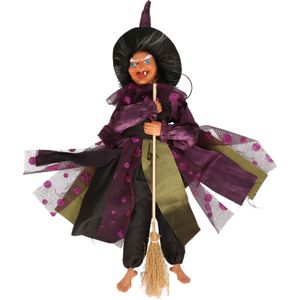 Halloween horror decoratie heksen pop op bezem - 40 cm - zwart/roze - Versiering/feestartikelen