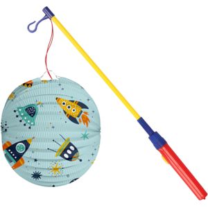 Bol lampion Space - licht blauw - 22 cm - papier - met lampionstokje - 40 cm