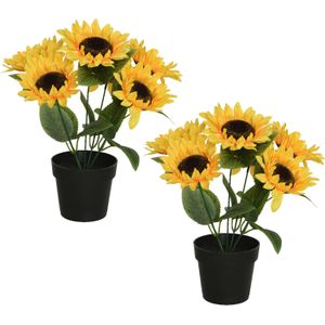 Everlands kunst zonnebloemen in pot - 2x stuks - 25 x 25 x 28 - geel